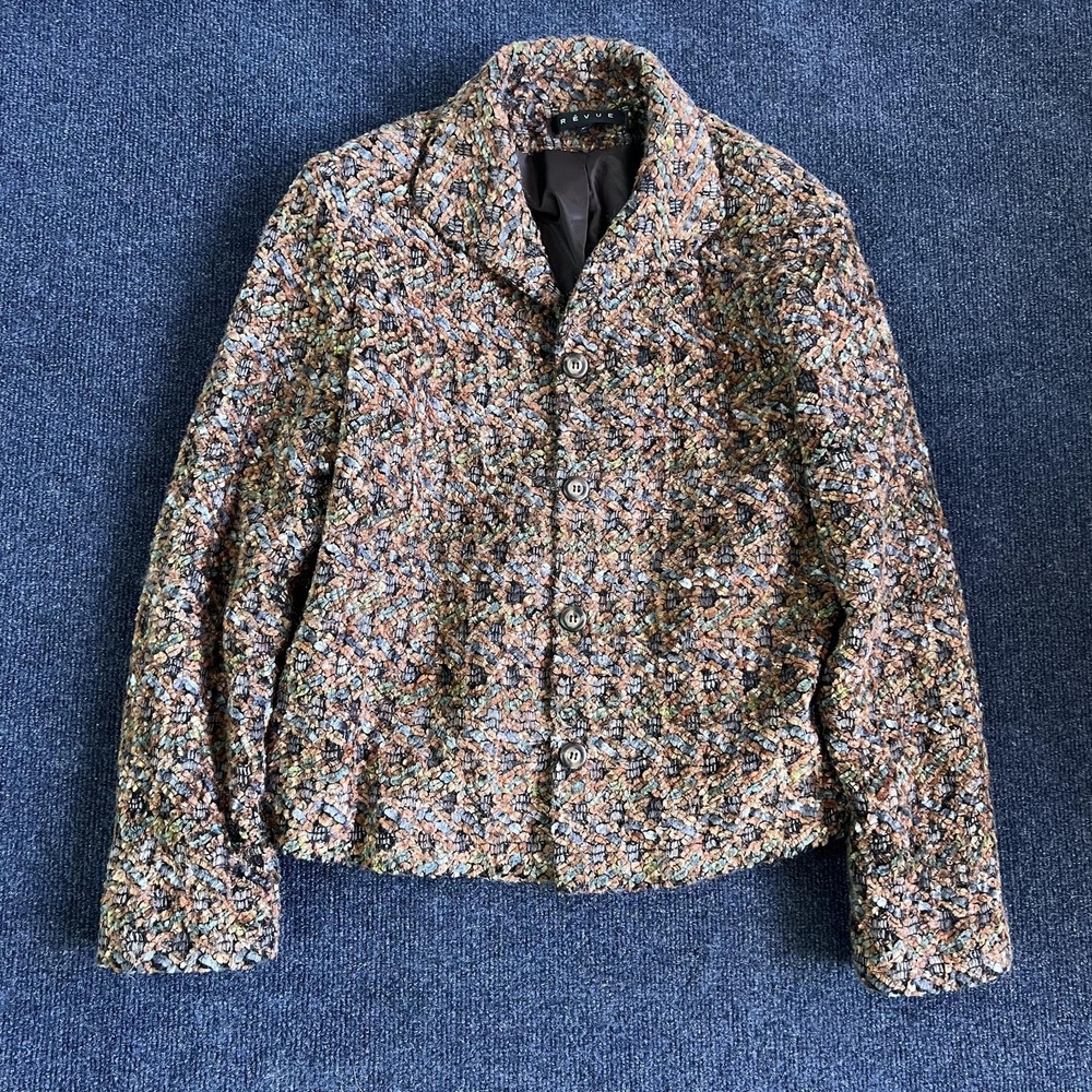 Vintage Revue Jacket Womens 14 Brown Multicolor Wool Tweed Button Front Collared